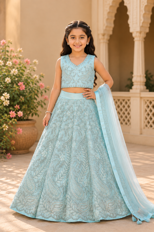 Ice Blue Embroidered Lehenga Set