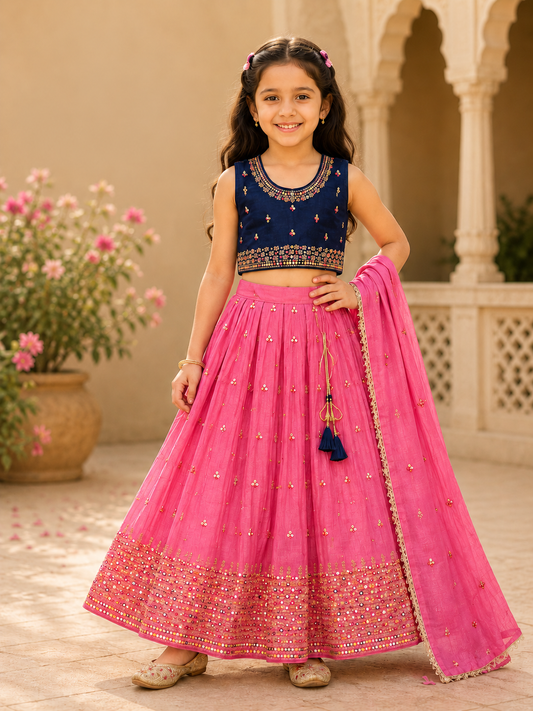 Pink & Navy Embellished Lehenga Set