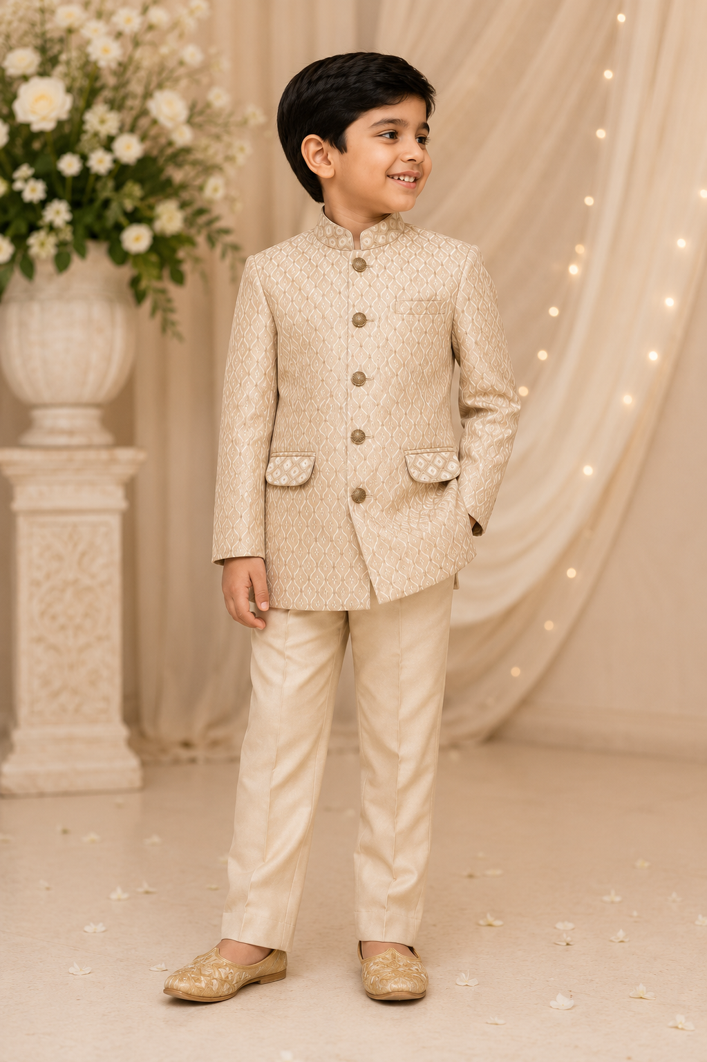 Beige Jacquard Nehru Jacket Set