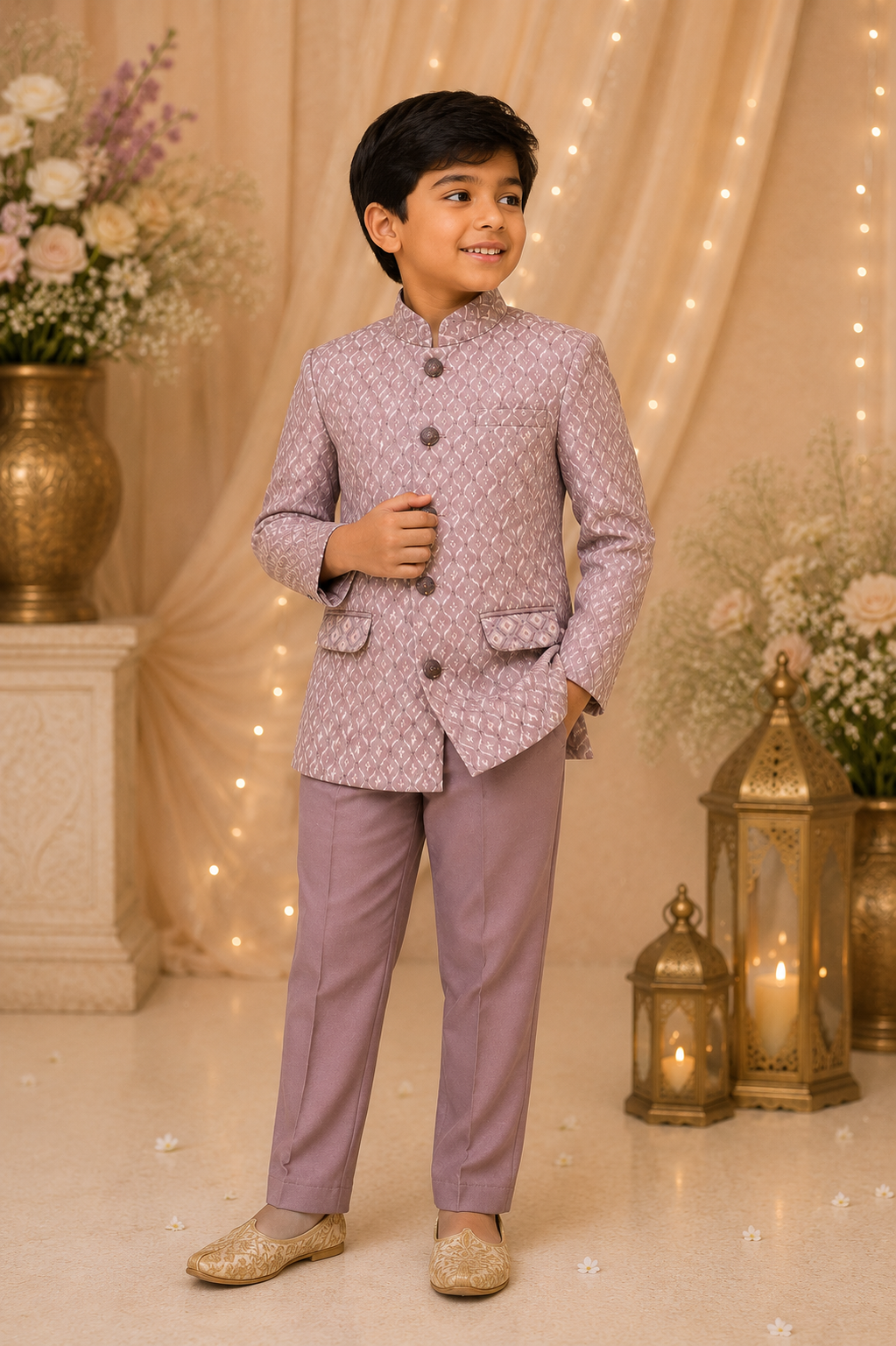 Mauve Ikat-Print Nehru Jacket Set