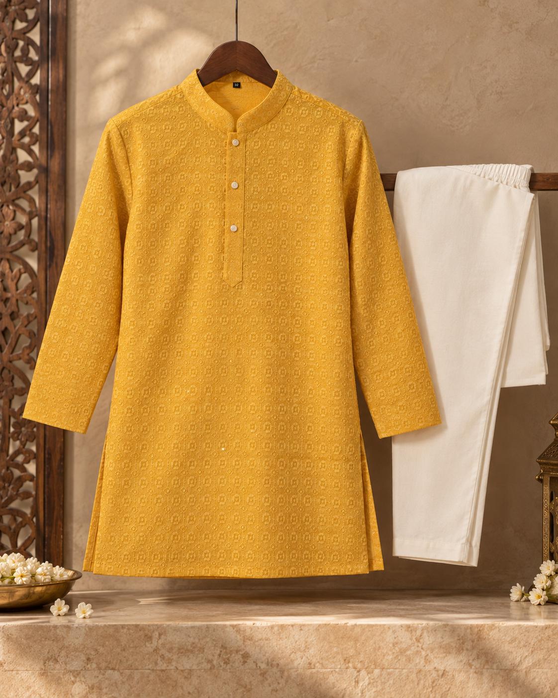 Mustard Yellow Textured Kurta Pyjama Set