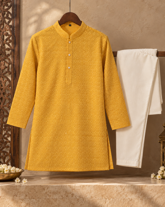 Mustard Yellow Textured Kurta Pyjama Set
