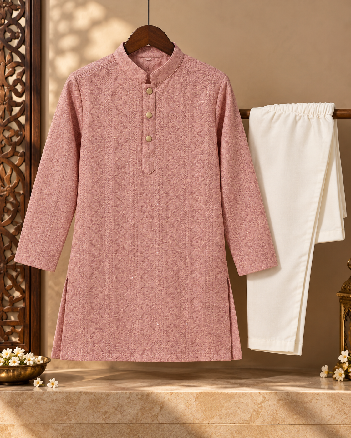 Dusty Pink Embroidered Kurta Pyjama Set