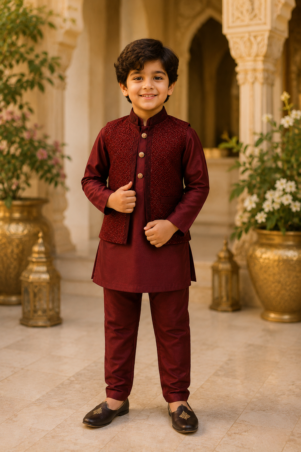 Maroon Textured Nehru Jacket Kurta Set