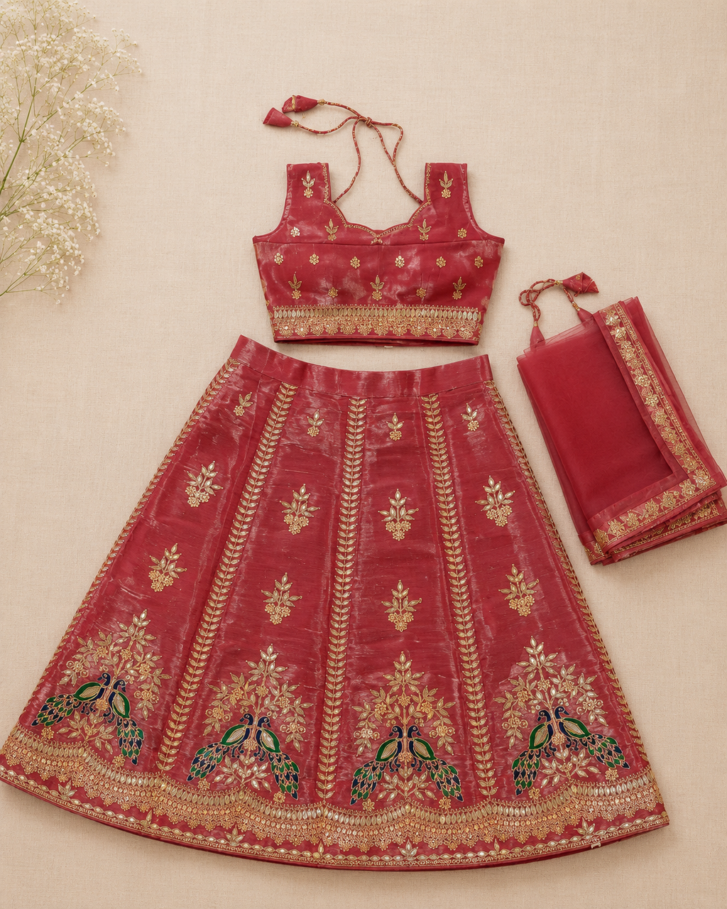 Red Peacock Embroidered Lehenga Choli Set