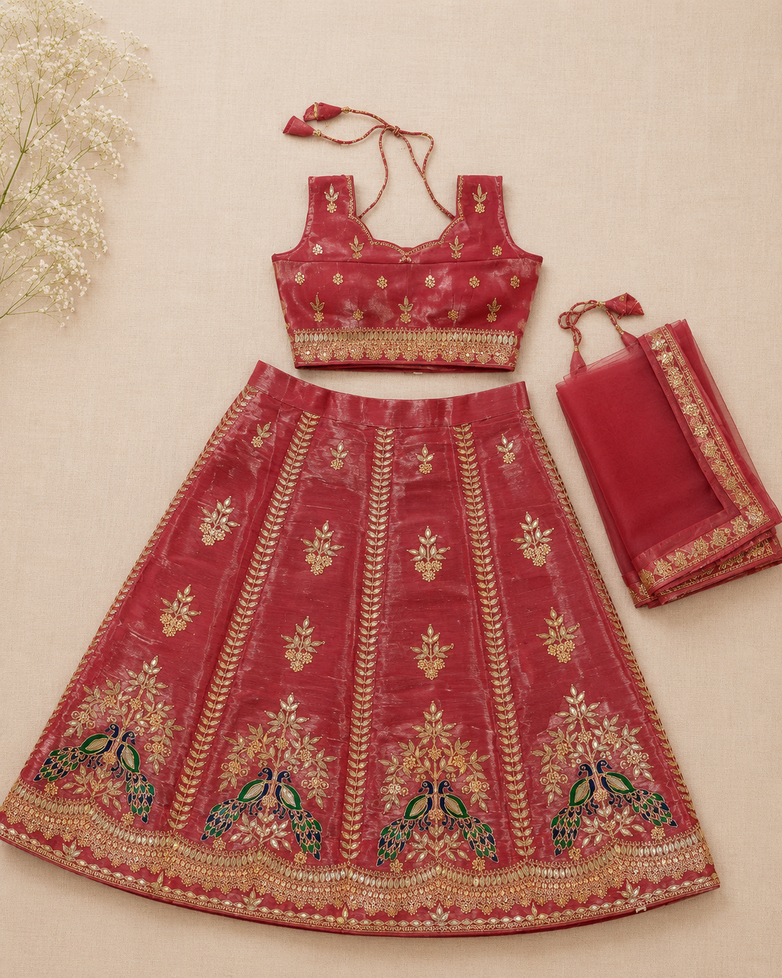 Red Peacock Embroidered Lehenga Choli Set