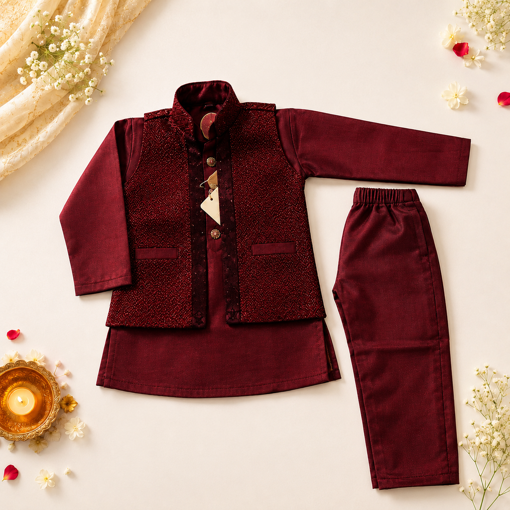 Maroon Textured Nehru Jacket Kurta Set