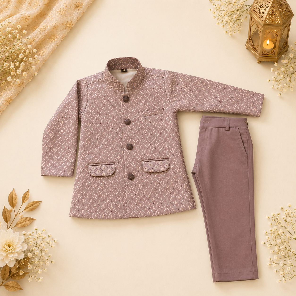 Mauve Ikat-Print Nehru Jacket Set