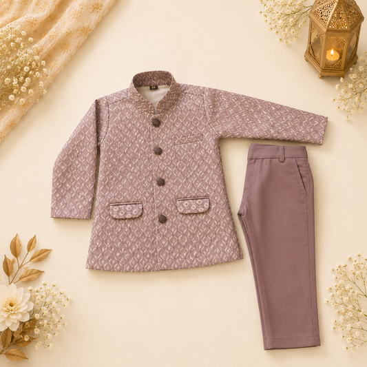 Mauve Ikat-Print Nehru Jacket Set
