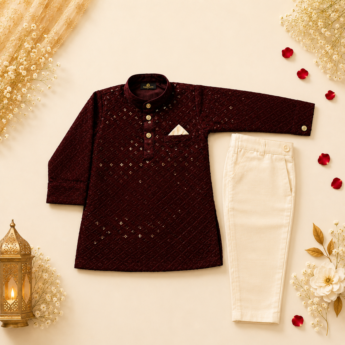 Wine Sequin Embroidered Kurta Set