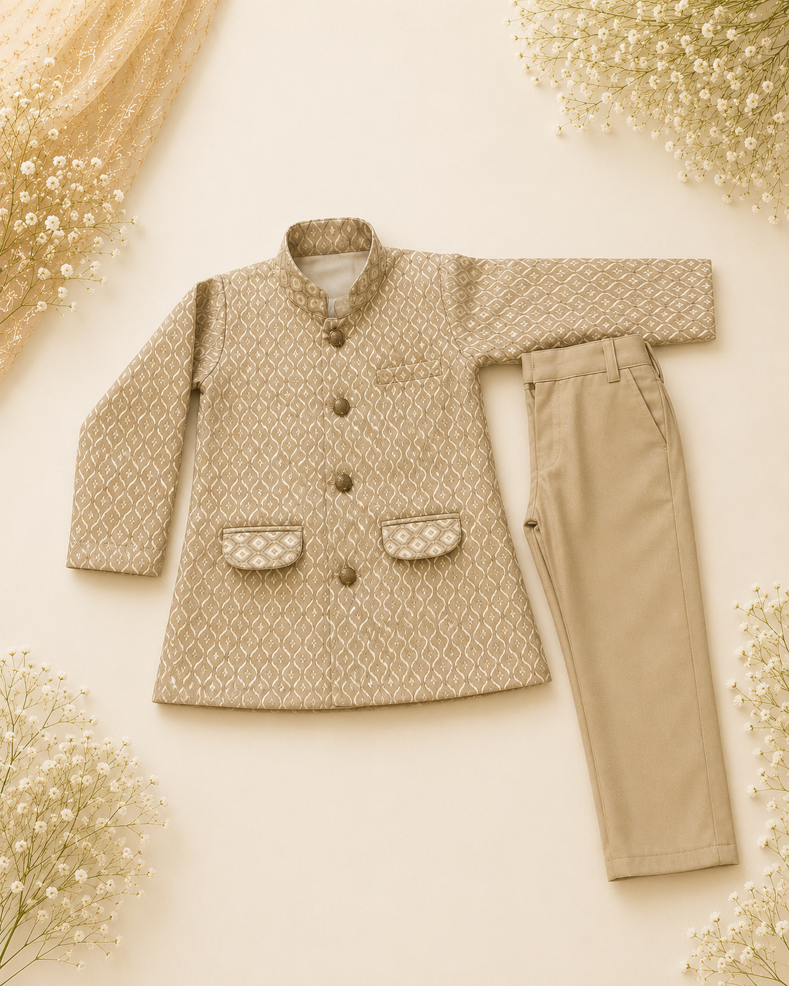 Beige Jacquard Nehru Jacket Set