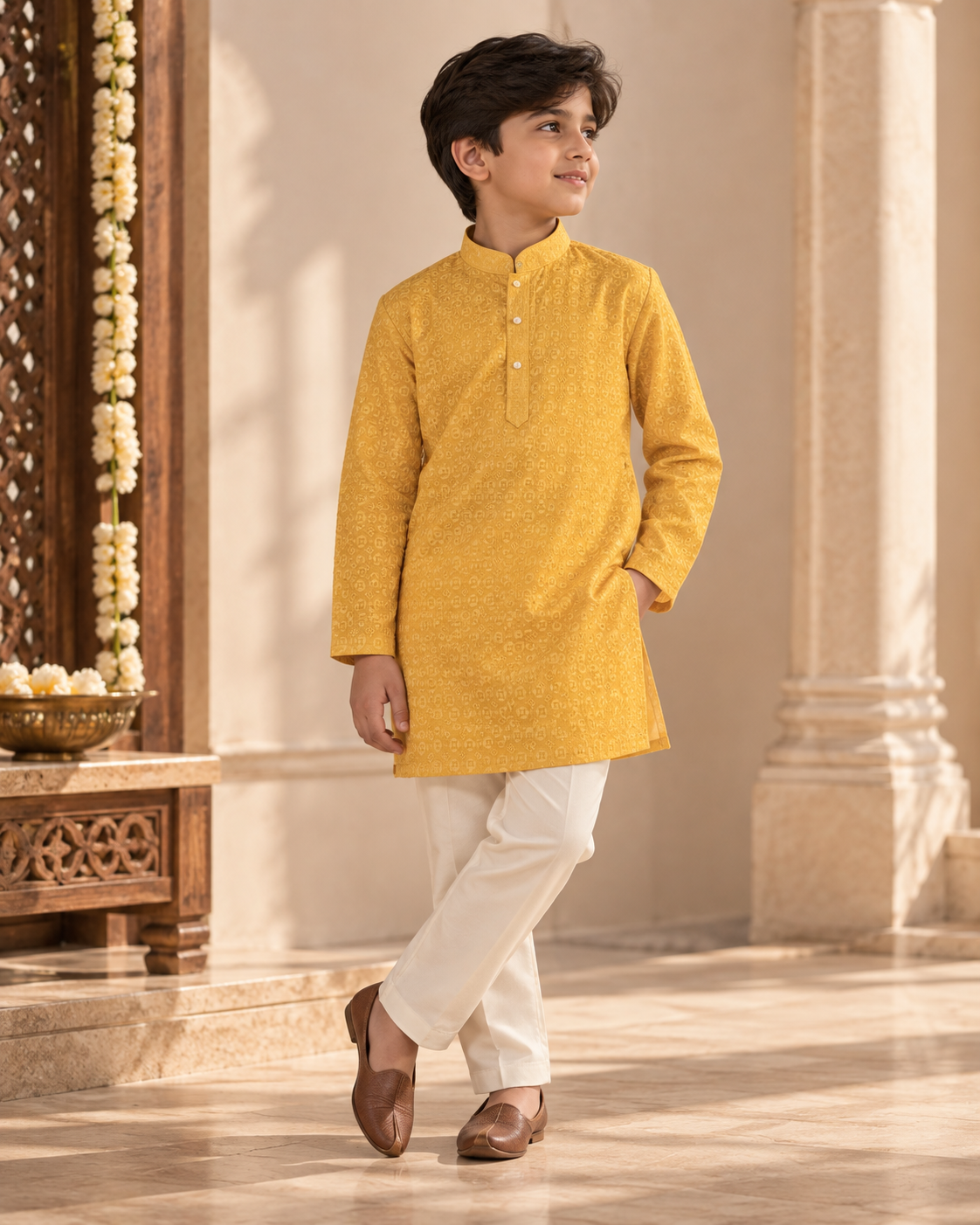 Mustard Yellow Textured Kurta Pyjama Set