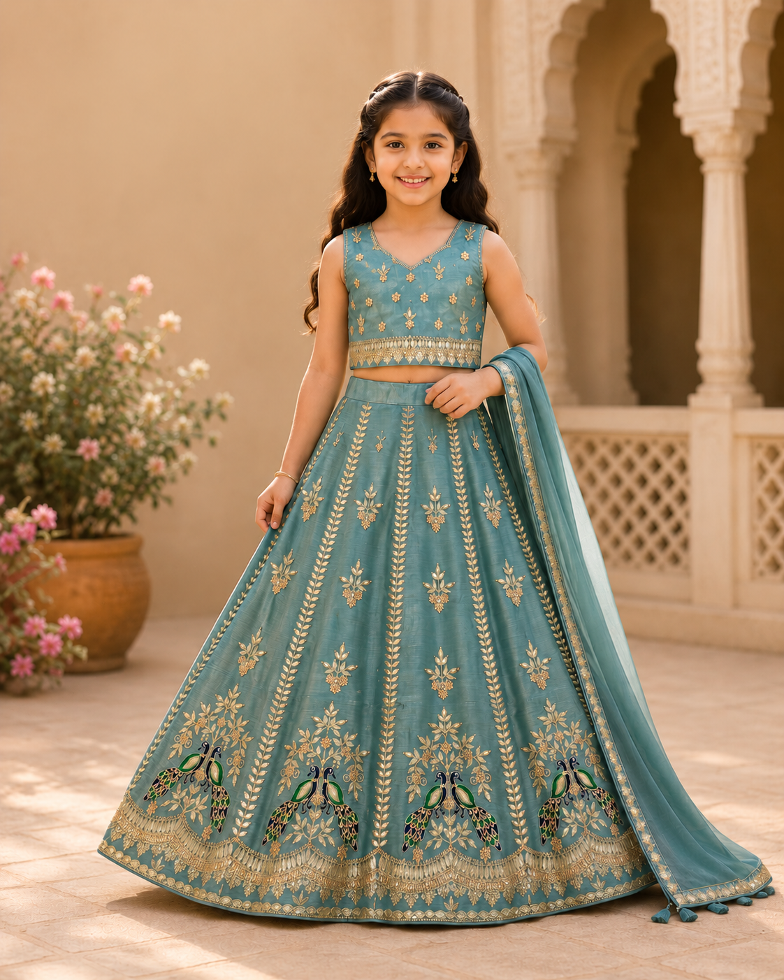 Teal Peacock Embroidered Lehenga Set