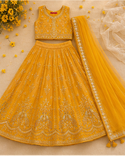 A yellow embroidered girl's lehenga choli set with a matching dupatta, laid flat on a beige surface with yellow flowers and a sheer white fabric prop.