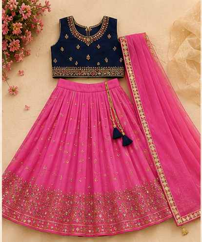 Pink & Navy Embellished Lehenga Set