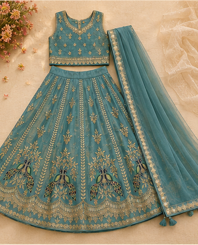 A teal blue and gold embroidered Indian ethnic wear set, featuring a sleeveless kurta, a flared lehenga skirt with peacock embroidery, and a matching dupatta, laid flat on a beige background.
